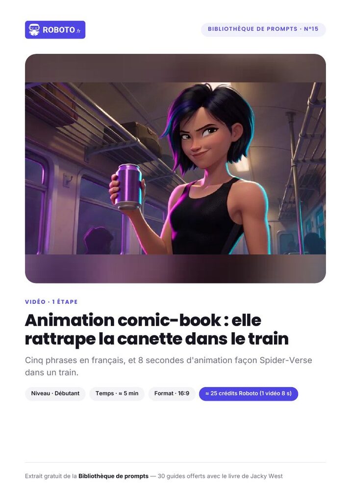 Guide cover — Le guide de ce prompt : Animation comic-book : elle rattrape la canette dans le train