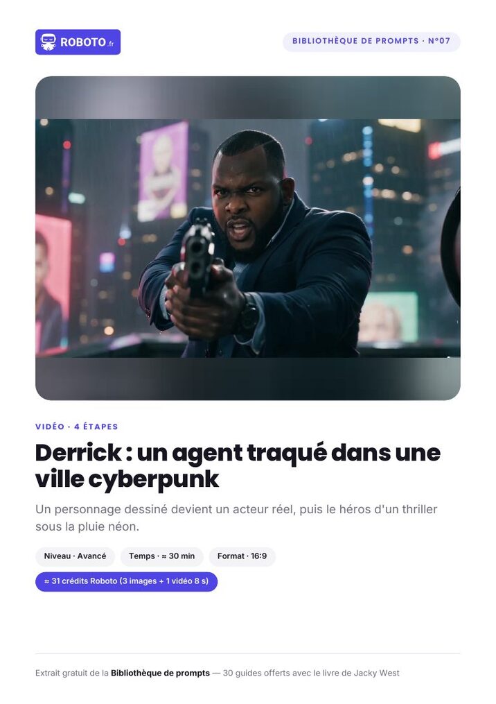 Guide cover — Le guide de ce prompt : Derrick : un agent traqué dans une ville cyberpunk