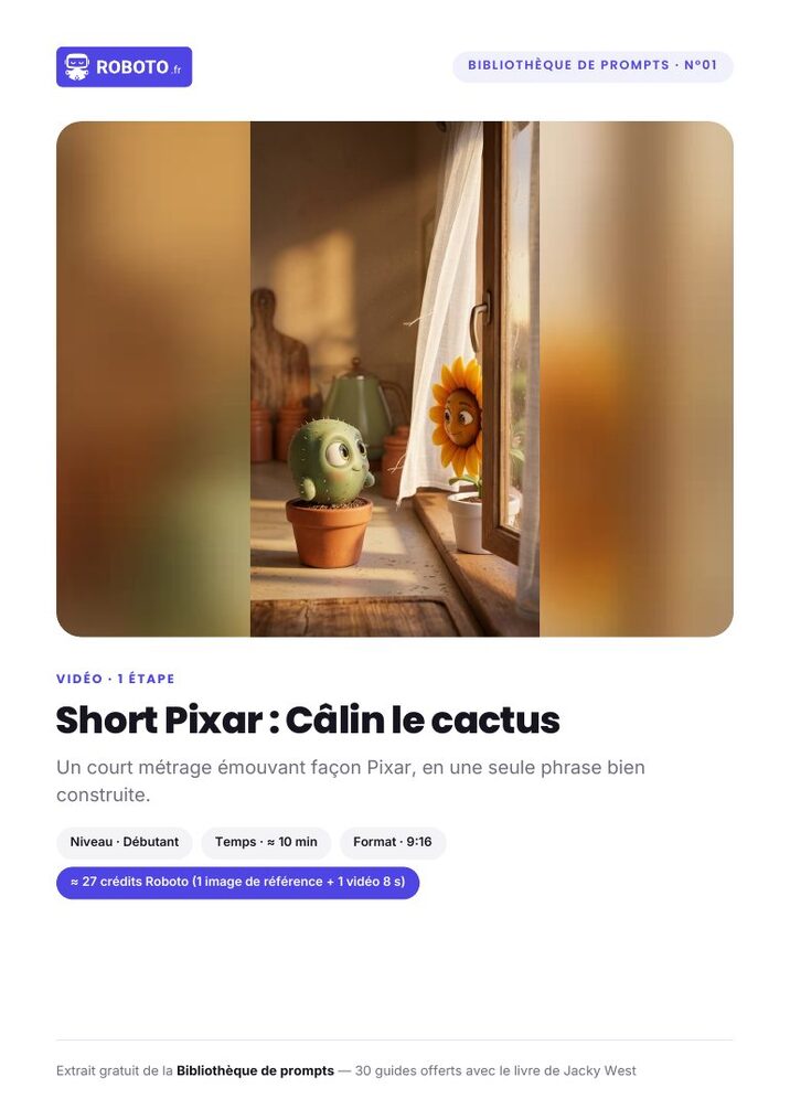 Guide cover — Le guide de ce prompt : Short Pixar : Câlin le cactus
