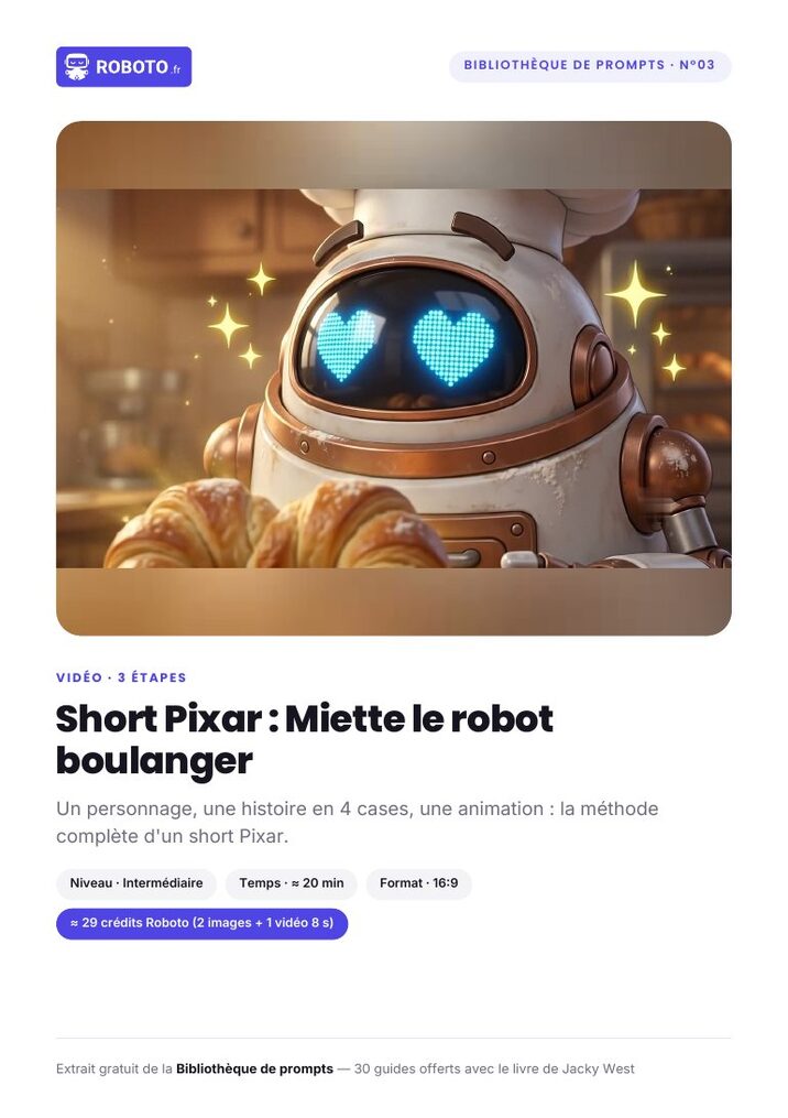 Guide cover — Le guide de ce prompt : Short Pixar : Miette le robot boulanger