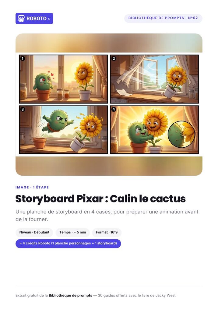Guide cover — Le guide de ce prompt : Storyboard Pixar : Calin le cactus