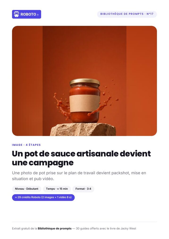 Guide cover — Le guide de ce prompt : Un pot de sauce artisanale devient une campagne