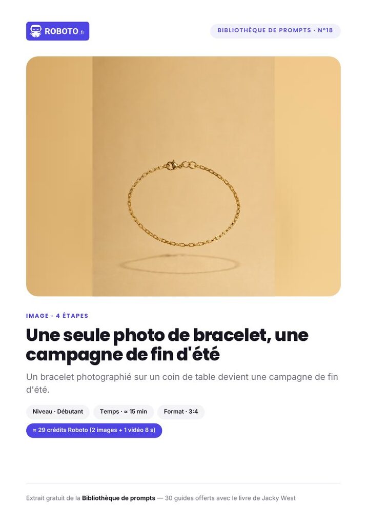 Guide cover — Le guide de ce prompt : Une seule photo de bracelet, une campagne de fin d'été