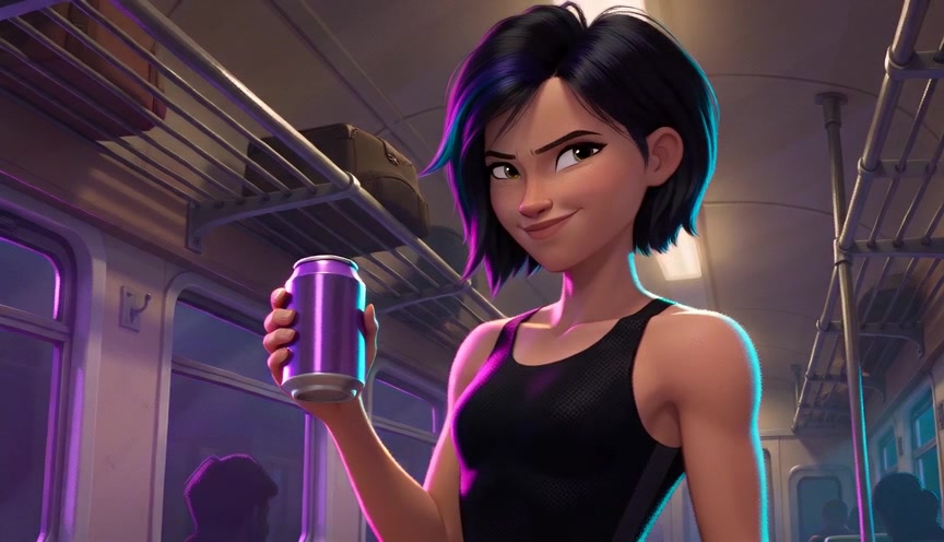 Animation comic-book : elle rattrape la canette dans le train